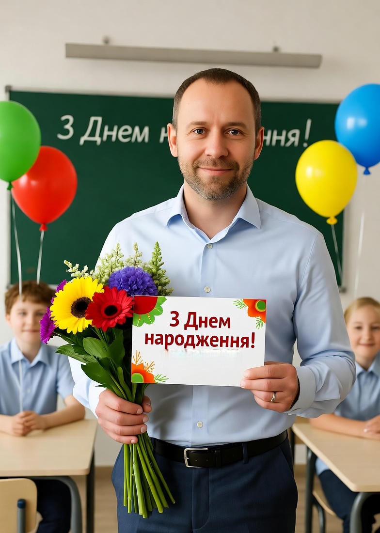 Директор школи з букетом квітів тримає святкову листівку «З Днем народження!». На дошці — теплий напис «З Днем народження!», навколо — усміхнені учні з яскравими повітряними кульками. Святкова атмосфера в сучасному класі.