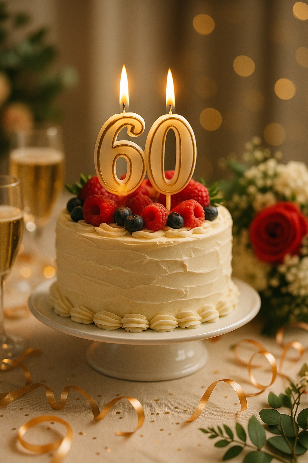 Красивий торт із кремом і фруктами, на ньому свічки у формі цифри “60”, які горять.