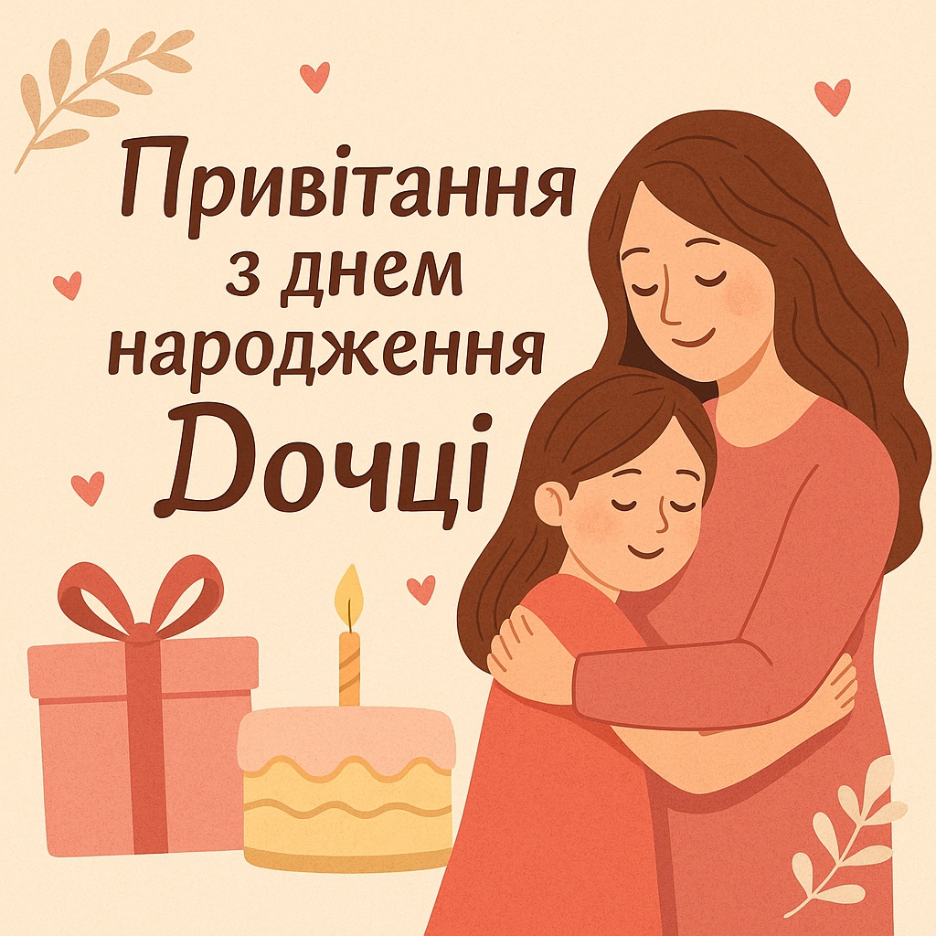 привітання з днем народження дочці до сліз — ніжна ілюстрація мами та донечки, які обіймаються, поруч торт і подарунок