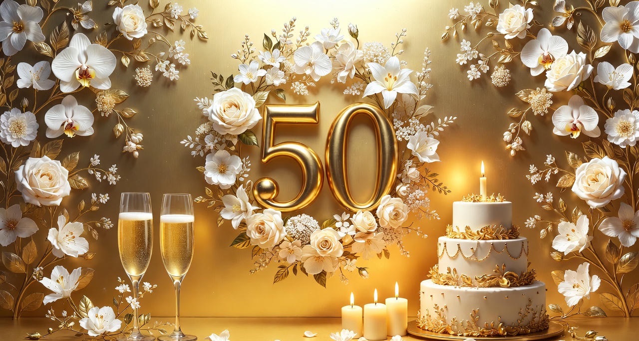 Вітаю з ювілеєм 50: елегантна золотиста композиція з цифрою 50, білими квітами, тортом, свічками та шампанським.