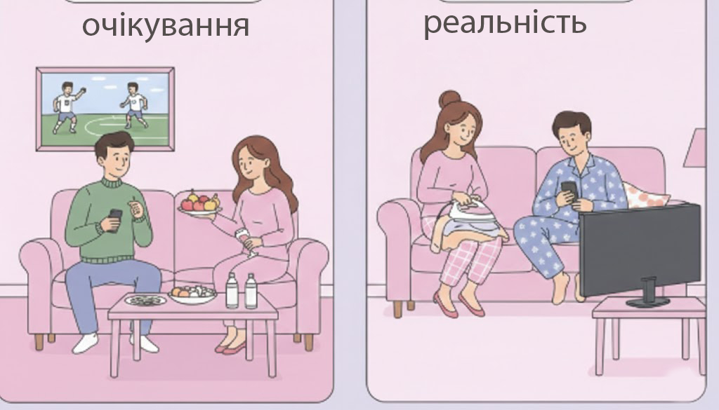Ілюстрація-порівняння до річниці стосунків: зліва — «очікування» з романтичною вечерею, фруктами та футболом по ТБ; справа — «реальність» з домашнім затишком, прасуванням речей та переглядом серіалів у піжамах.